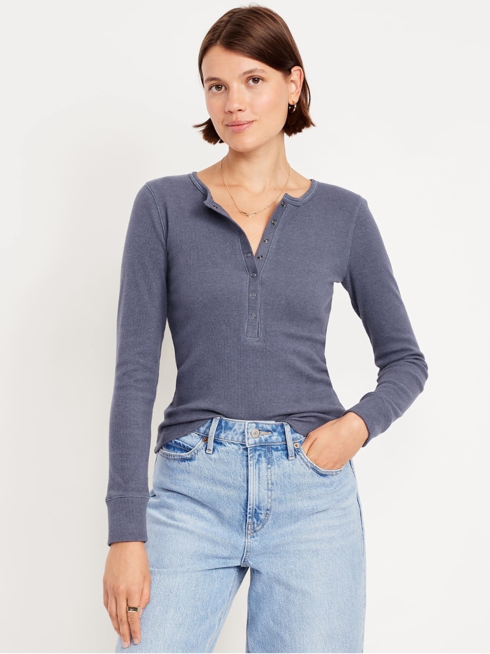 Cozy Blue Ribbed Henley - Picture 2 of 4